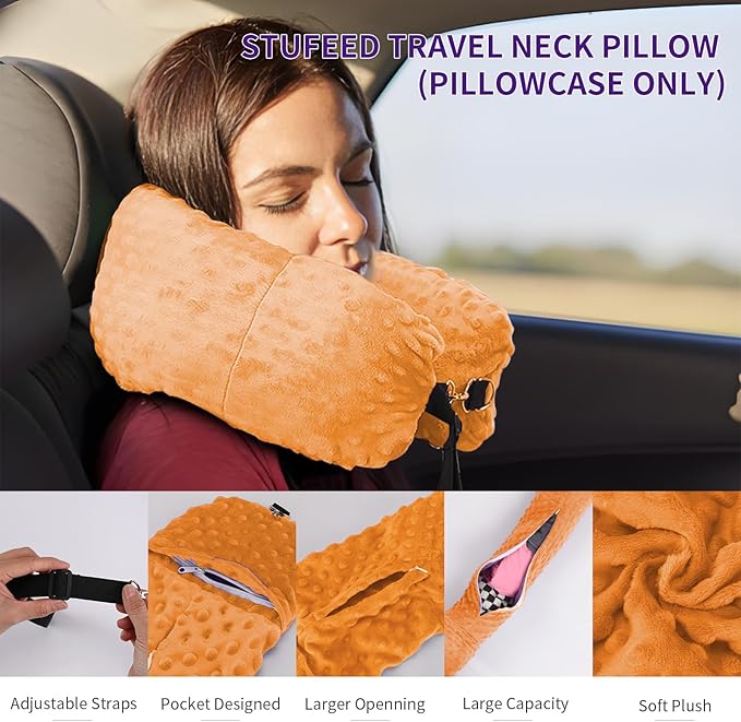 Stuffable Travel Pillow for Extra Luggage, Travel Neck Pillow Stuffable with Clothes, Stuffable Neck Pillow for Travel, Velvet Travel Neck Pillow Storage Bag, Fillable Luggage Pillow (Orange)