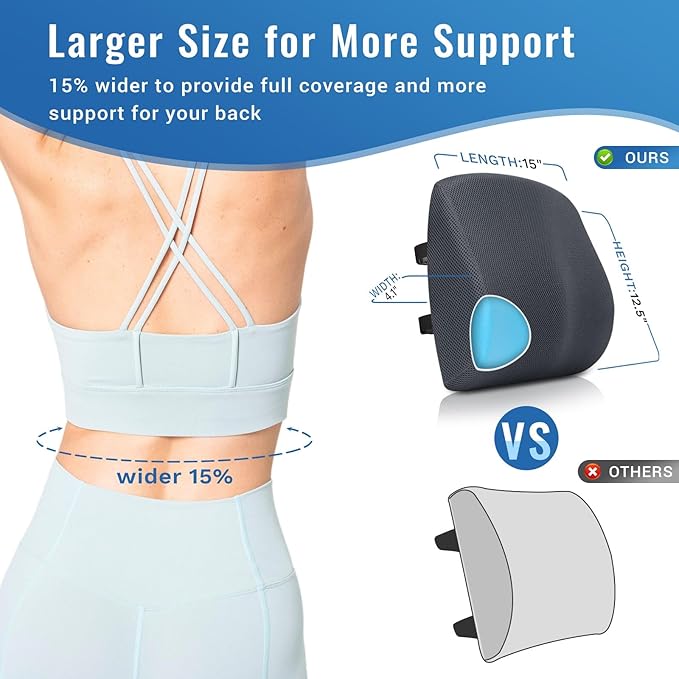 Lumbar Support Pillow for Office Chair Car Seat Cushion for Lower Back Sciatica Pain Relief Firm Memory Foam Pillows Wedge Chairs Cushions with Dual Straps (Mesh Grey)