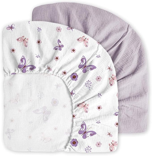 Muslin Crib Sheets, 2pk Neutral Fitted Baby Toddler Bed Sheets for Standard Crib Mattress & Toddler Bed Mattress, 28 x 52 inches, Purple Butterfly