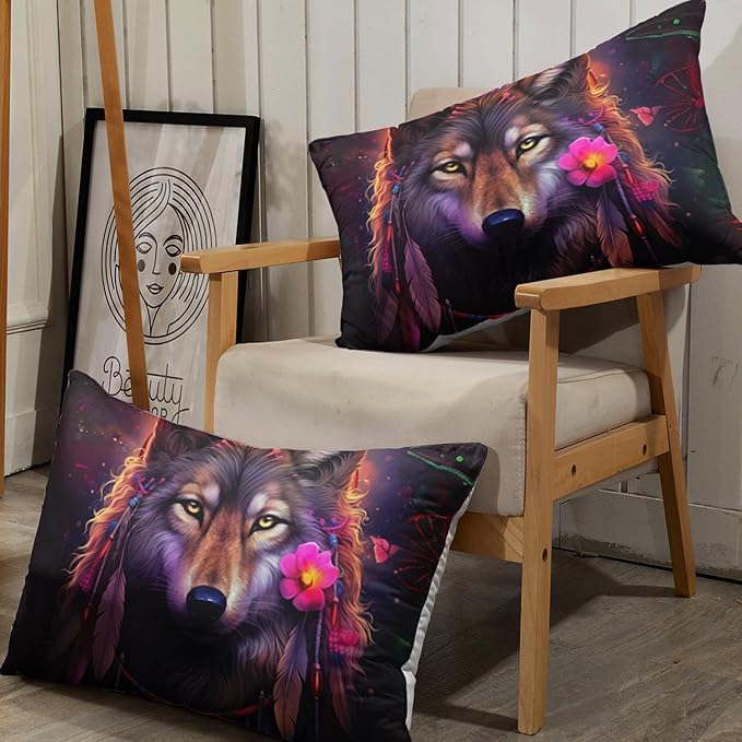 AILONEN Wolf Dream Catcher Fitted Sheet Set Full Size, Wildlife Wolf Bed Sheet Set,Safari Animal Moon Wolf Fitted Sheet and 2 Pillowcases,3 Pieces(Boys/Men/Kids/Teens)