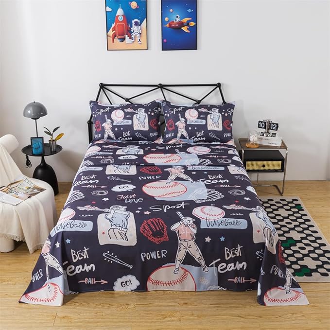 qjmiaofang Baseball Sheet Twin for Kids Sports Sheets Set 3Pieces Baseball Bed Sheet Set Sport Theme Bed Set Baseball Player Sheet Set Including 1 Flat Sheet 1 Fitted Sheet 1 Pillow Shams