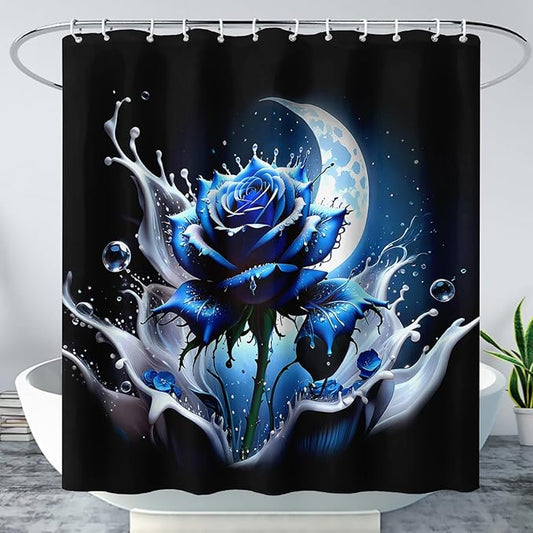 AILONEN 3D Rose Shower Curtain for Bathroom, Evening Moon Blue Rose Bath Curtain for Girls Women, Modern Floral Print Minimalism Shower Curtain Waterproof with 12 Plastic Hooks 48" W*72" H