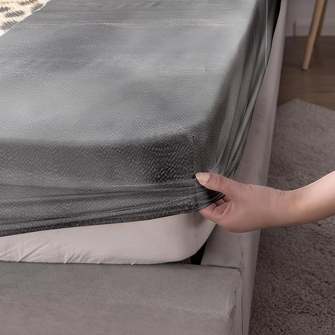 AILONEN Leopard Fitted Sheet Set Full Size, 3D Cheetah Printed Bed Sheet Set,Wildlife Bedding Leopard Sheet Set,Wild Animal Leopard Bed Sheet Set Boys Fitted Sheet with 2 Pillowcases,3 Pieces