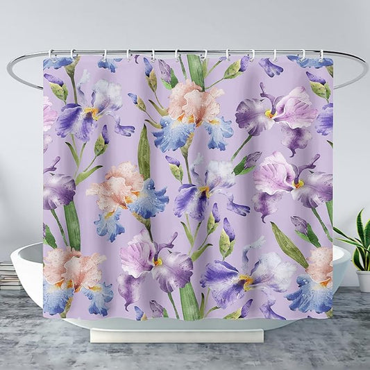 AILONEN Floral Shower Curtain, Pretty Purple Iris Pattern Shower Curtain Set for Girls Boys Teens Kids,Fantasy Vintage Flower Fabric Shower Curtains for Bathroom,72" W*96" H