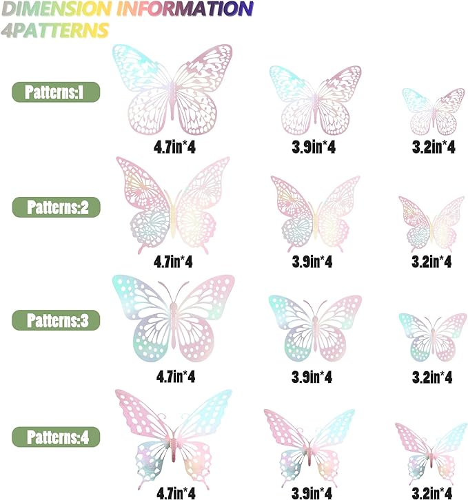 SAOROPEB 3D Butterfly Wall Decor 48 Pcs 4 Styles 3 Sizes, Laser Pink Butterfly Birthday Decorations Butterfly Party Decorations Cake Decorations, Removable Stickers (Laser Pink)