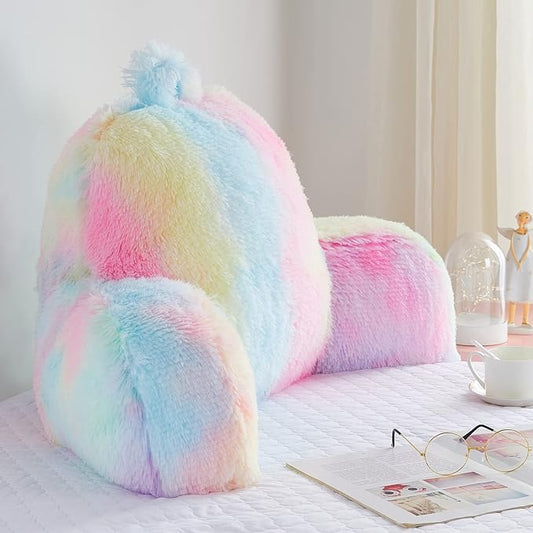 Fluffy Fur Reading Pillow for Adults & Kids Unisize, Stylish College Essentials for Girl, Fuzzy Back Pillow for Sitting in Bed, Adorable Gift for Teens, Bed Rest Sit Up Arm Support Pillow
