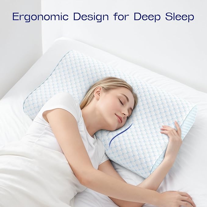 Memory Foam Contoured Pillow - 2 Hieghts Orthopedic Pillows for Neck Pain Relief- Soft Memory Foam Pillow for Sleeping- Ergonomic Pillows for Side, Back, Stomach Sleepers (Blue White)