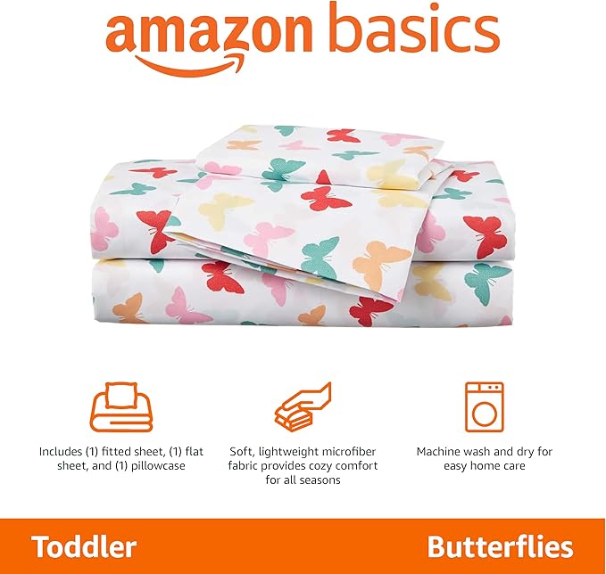 Amazon Basics Kid's Soft Easy-Wash Lightweight Microfiber 3-Piece Sheet Set, Toddler, Multi Colour, Butterflies
