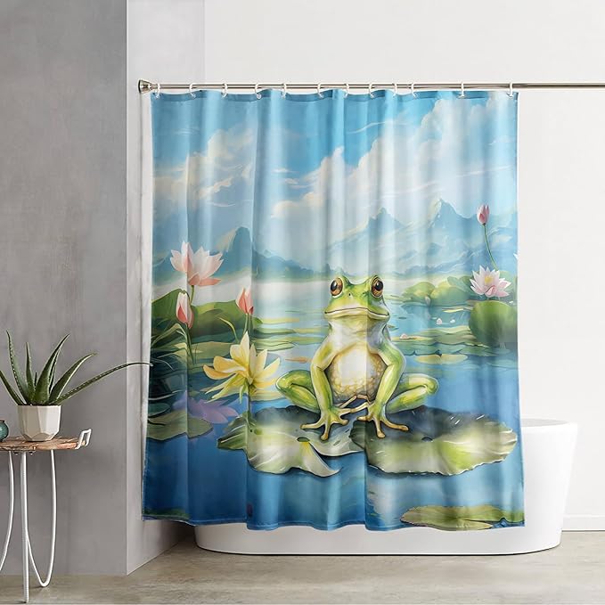 AILONEN Cartoon Frog Shower Curtain Set for Bathroom,Kawaii Green Frog Bath Curtain,Amphibian Animal Shower Curtain,Lotus Flower Waterproof Fabric Shower Curtain with Hooks,48" W*72" H