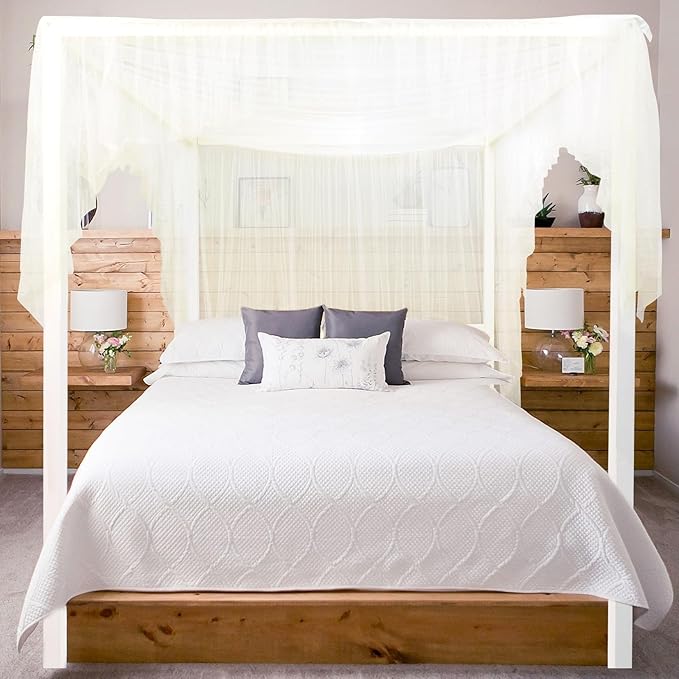 South to East Beige Canopy Bed Curtains, 4 Corner Post Bed Canopy, Top Elegant Bed Drapes for Bedroom Decor, 75D Polyester Mesh, Easy Install, Bed Curtain for King/Queen/Full Size