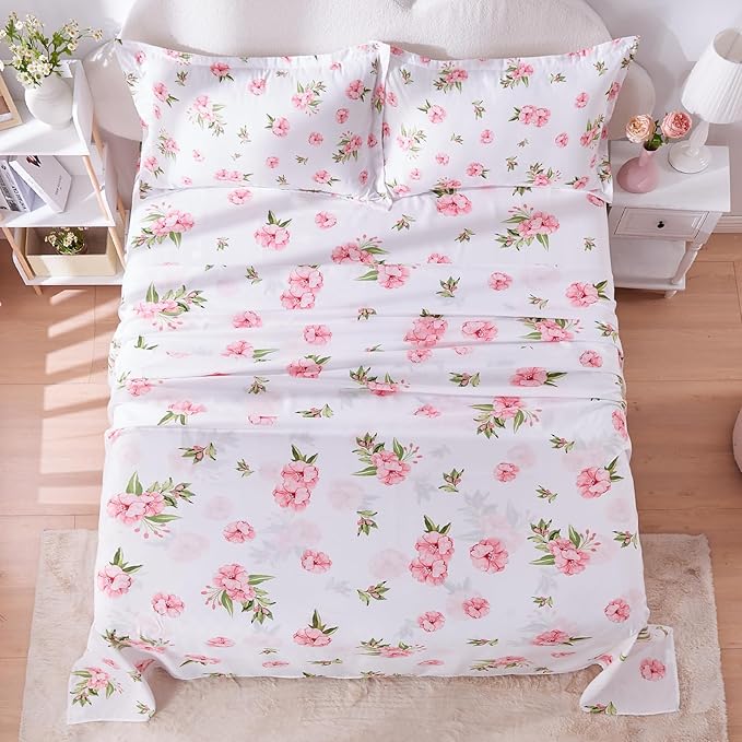 Full Size Bed Sheets Set White Pink Floral Bed Sheets Girls Cute Microfiber Cooling Sheets 4 Pieces Kids Full Bed Set Wrinkle Free, 15 inch Deep Pocket Fitted Sheet, Flat Sheet, Pillowcases