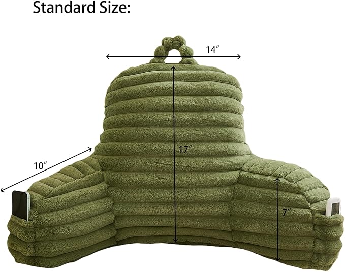 WERDIM Reading Pillow for Sitting in Bed, Faux Fur Back Pillow for Bed Rest, Bed Chair Pillow with Arms and Pockets(Standard, Sage)