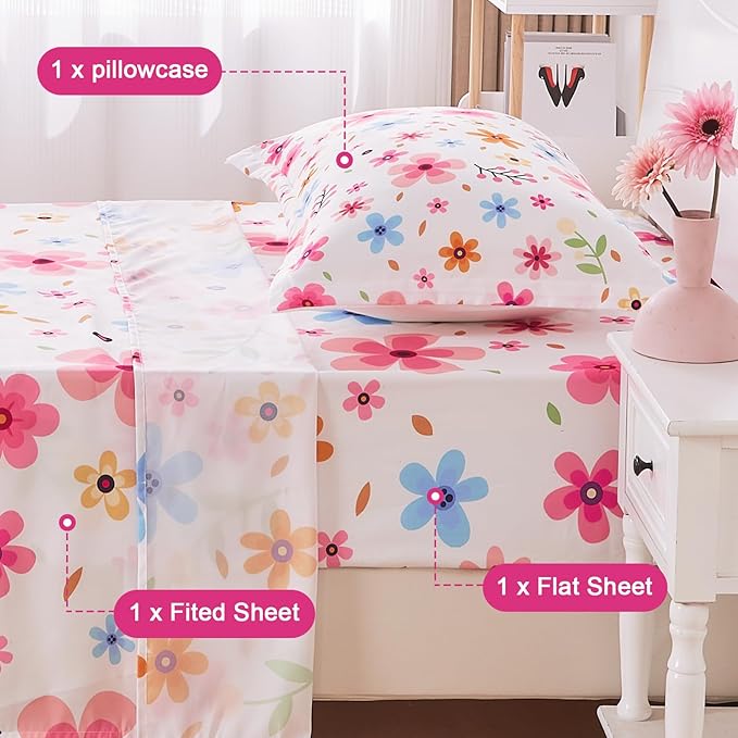 Twin Sheets Set Colorful Floral Bed Sheets Set Girls Cute Soft Microfiber Cooling Sheets 3 Pieces Kids Twin Size Bed Set Wrinkle Free, 15 inch Deep Pocket Fitted Sheet, Flat Sheet, Pillowcase