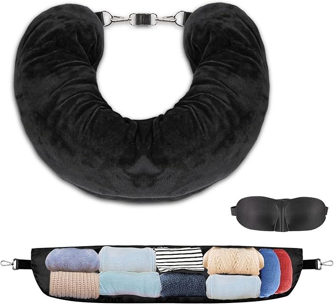 Travel Pillow You Stuff with Clothes, Stuffable Travel Pillow Transforms Into Extra Luggage Without Excess Fees, Stuffable Neck Pillow Fits 3+ Days of Travel Essentials Black