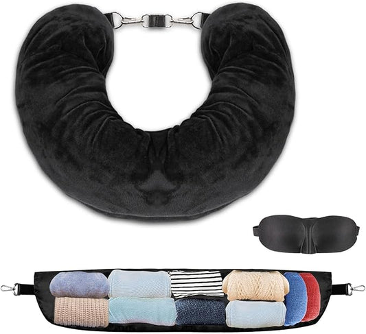 Travel Pillow You Stuff with Clothes, Stuffable Travel Pillow Transforms Into Extra Luggage Without Excess Fees, Stuffable Neck Pillow Fits 3+ Days of Travel Essentials Black