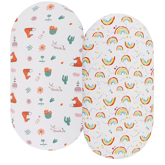 Bassinet Sheets (33" x 19") Compatible with Mika Micky, Baby Delight, Dream On Me, Amke and Other Rectangle Mattress, 2 Pack Fitted Sheets, 100% Jersey Knit Cotton 190GSM, Fox Rabbit and Rainbow