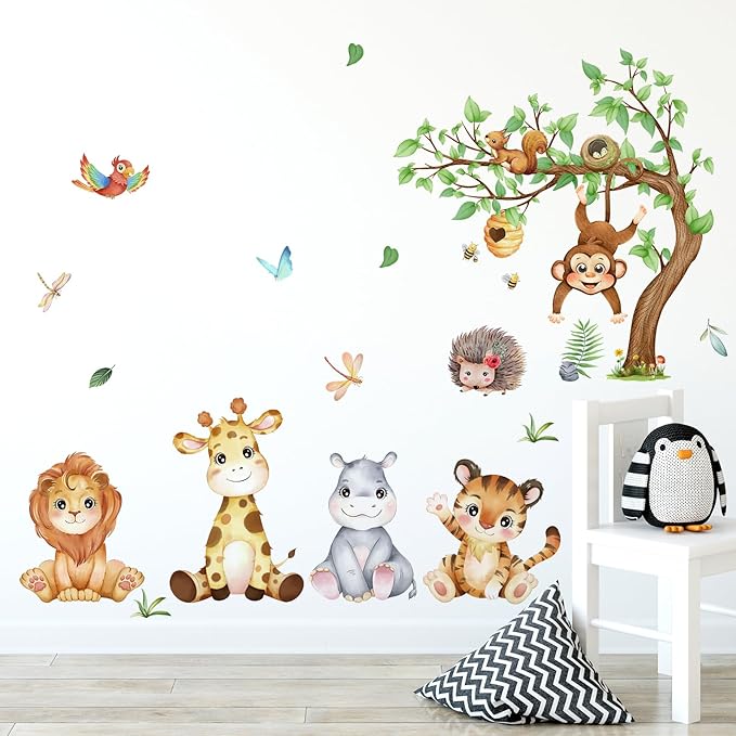 Woodland Animals Wall Decals Tiger Zebra Lion Wall Stickers, Removable Kids Toddler Jungle Safari Wall Murals Peel and Stick Wall Art Decor Wallpaper for Bedroom Nursery Playroom