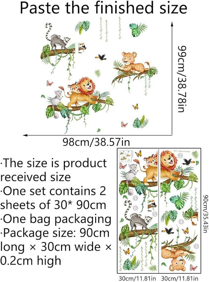 Cartoon Animal Wall Stickers - Fun Lion and Tropical Plant Design, 2 Sets of 3 Stickers Each