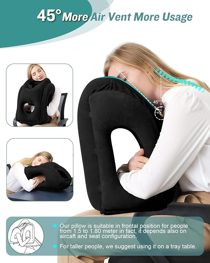 JefDiee Inflatable Travel Pillow, Airplane Neck Pillow Comfortably Supports Head and Chin for Airplanes, Trains, Cars Office Napping on The Tray Table (Black)