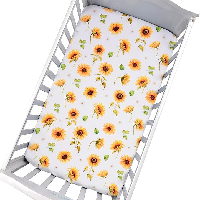 JISEN Baby Crib Sheet 1 Piece Portable Fitted Crib Sheet for Standard Crib and Toddler Mattresses Nursery Bed Decor for Boys Girls 28x52 Inch Sunflowers