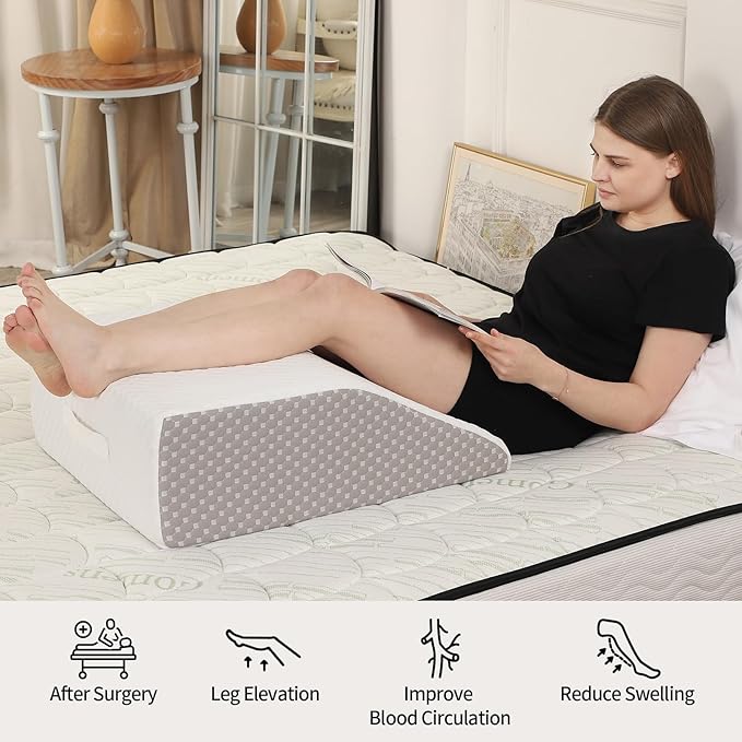 8" Leg Elevation Pillow for Circulation, Cooling Bed Wedge Pillow for Swelling, Memory Foam Top Wedge Pillow for Buttock, Ankle, Leg, and Knee Injuries Post Surgery