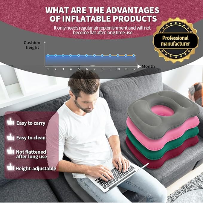 Inflatable Donut Pillow,Hemorrhoid Cushion- Excellent for Tailbone, Prostate, Sciatica, Bed sores, Postpartum Pregnancy, Post-Surgical Pain-Orthopedic Firm seat Cushion for Home, Office or car (red)