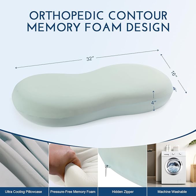 Cooling Memory Foam Cervical Pillow, Orthopedic Neck Support Pillow for Back Pain Relief, Ergonomic Design for Side/Back/Stomach Sleepers, Easy Cleaning Set (Pillowcases × 2)