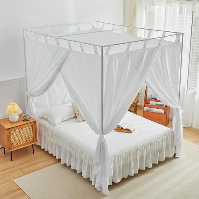 AIKASY White Canopy Bed Curtains with Top Ties and Tie Backs for Bedroom Decoration - Twin Size Bed Curtains with Windproof and Lightproof Features