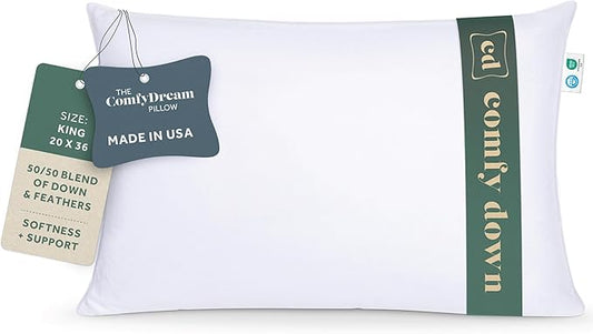 ComfyDown 50/50 Down Feather Blend ComfyDream Bed Pillow for Sleeping, Egyptian Cotton Cover, Made in USA, Queen Size (King)