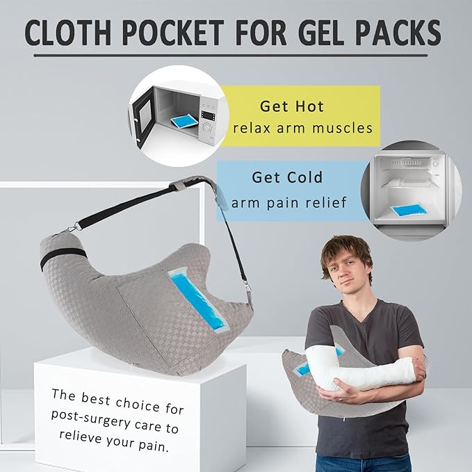 Shoulder Surgery Pillow, Rotator Cuff Pillow for Side Sleeper, Shoulder Pain Relief Removable with Shoulder Strap Support Arm Pillow for Side Sleep and Post Surgery (Light Grey)