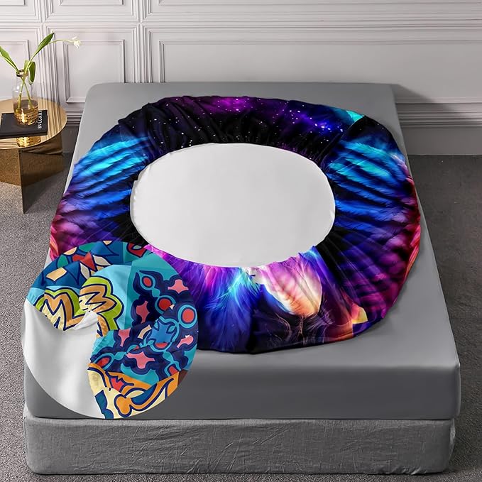 AILONEN Lion Fitted Sheet Set Queen Size, 3 Pieces Printed Evening Starry Wings Lion Bed Sheet Set,Colorful Tie Dye Rainbow Fitted Sheet with 2 Pillowcases