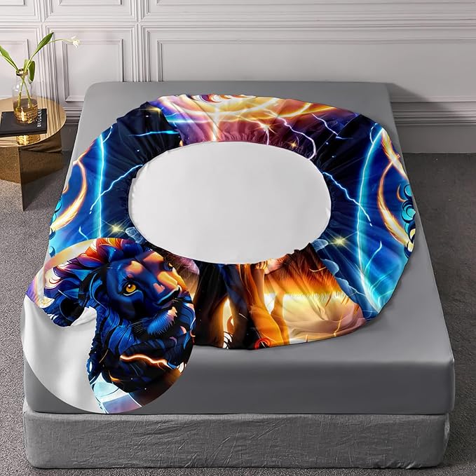 AILONEN Lion Fitted Sheet Set Twin Size, Constellation Lightning Lion Bed Sheet Set for Boys Girls,Blue Sky Starry Animal Lion Breathable Fitted Sheet and 2 Pillowcases,3 Pieces