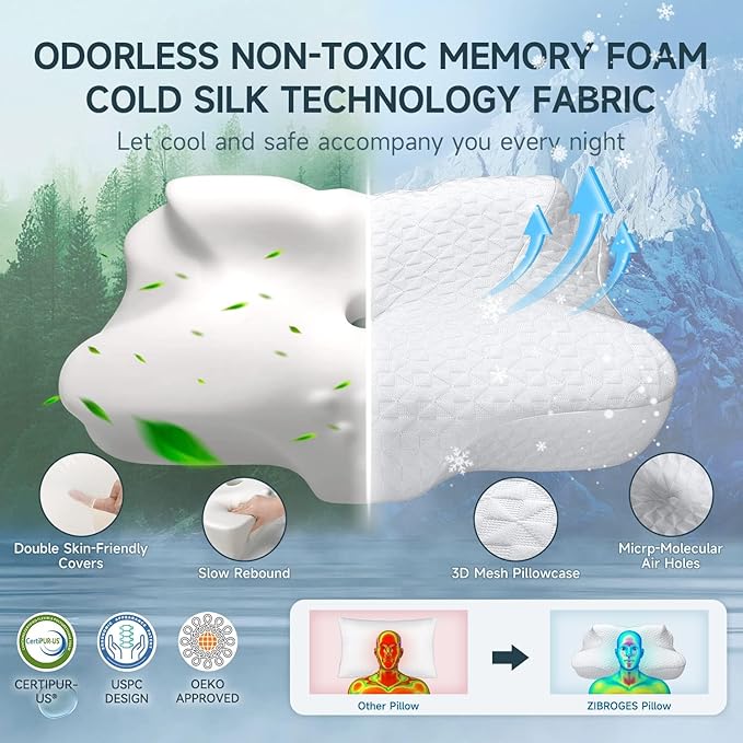 Memory Foam Cervical Pillow - Side Sleeper Pillow Neck Back Shoulder Comfortable Sleeping Support Your Head - Breathable Cooling Contour Bed Pillow for Back Stomach Sleeper Skin-Friendly