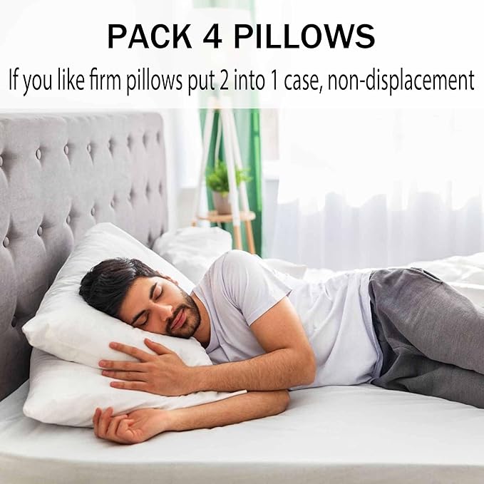 Medium Support Bed Pillows Standard Size Set of 4 Pack for Sleeping 20"x26", Hypoallergenic Skin Friendly Down Alternative Filling for Side Stomach Back Sleeper Machine Washable