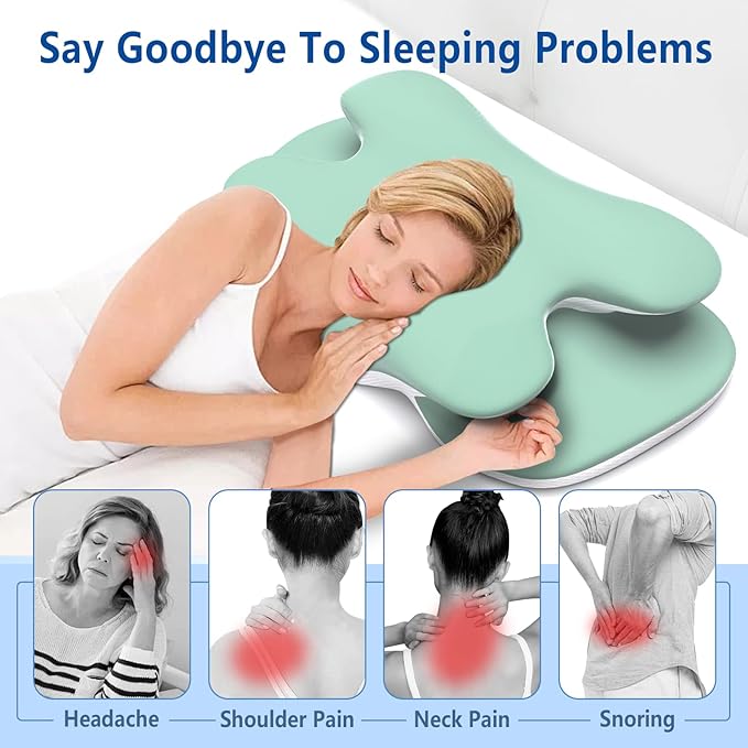 Cervical Pillow for Neck Back Pain Relief Memory Foam Contour Pillow Ergonomic Orthopedic Neck Pillow for Sleeping Cervical Support Pillow for Back Side Stomach Sleeper Cooling Pillowcase (Green)