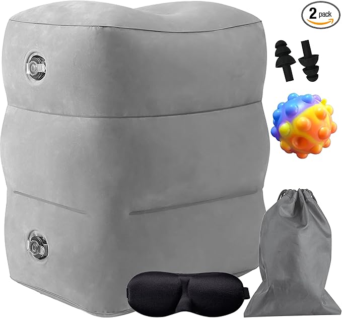 VUUDL Inflatable Airplane Foot Rest, Travel Foot Rest Pillow, Adjustable 3 Layers Height Leg Rest Pillow for Kids & Adults, Suitable for Office, Home and Any Travel, Eye Mask, Ear Plug Included, Grey
