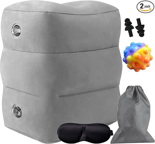 VUUDL Inflatable Airplane Foot Rest, Travel Foot Rest Pillow, Adjustable 3 Layers Height Leg Rest Pillow for Kids & Adults, Suitable for Office, Home and Any Travel, Eye Mask, Ear Plug Included, Grey