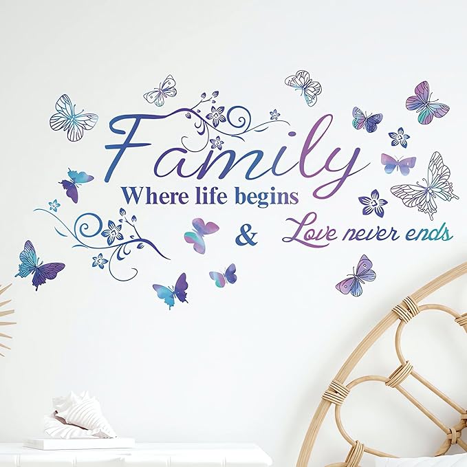 Family Wall Sticker, Inspirational Wall Decor Home Wall Decoration Warm Quotes Stickers Waterproof Removable Butterfly Sticker Letter Word Decal for Bedroom Dining Room Kitchen Wall Art Decor(Purple)