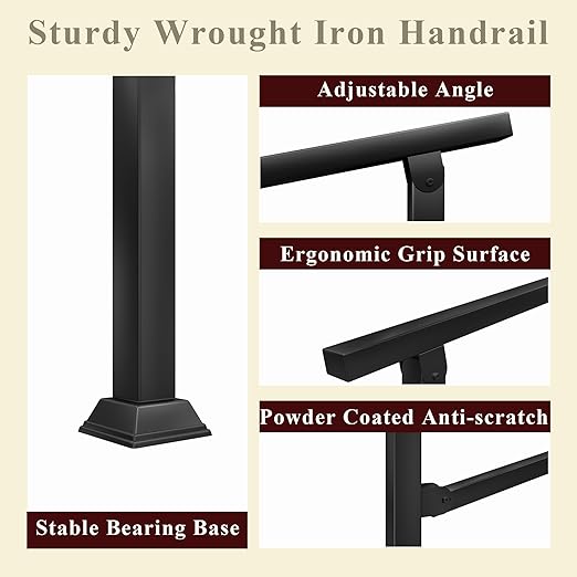 Handrails for Outdoor Steps, 54" x 36" Fits 3-4 Steps Stair Handrail & Indoor Stair Railing Kit, Metal Hand Rails for Stairs, Outdoor Handrail, Easy Install Stair Handrail, Black(1 Pack)