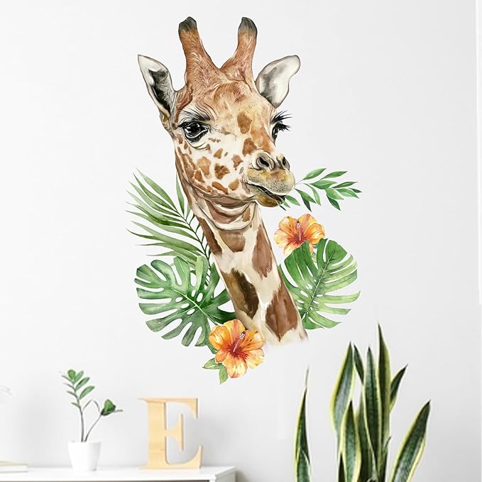 Mfault Safari Giraffe Wall Decals Stickers, Jungle Animal Palm Leaves Hibiscus Nursery Decorations Bedroom Art, Tropical Plant Woodland Neutral Toddlers Kids Baby Room Playroom Decor