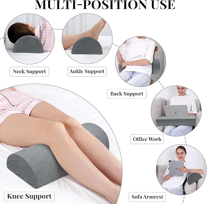 Knee Pillow for Side Sleepers Memory Foam Leg Pillows for Sleeping Yoga Bed Half Moon Bolster Pillow for Neck Pain Relief with Pillowcase 20.5x8x4.5 Inches(Fleece Grey, Standard Size)