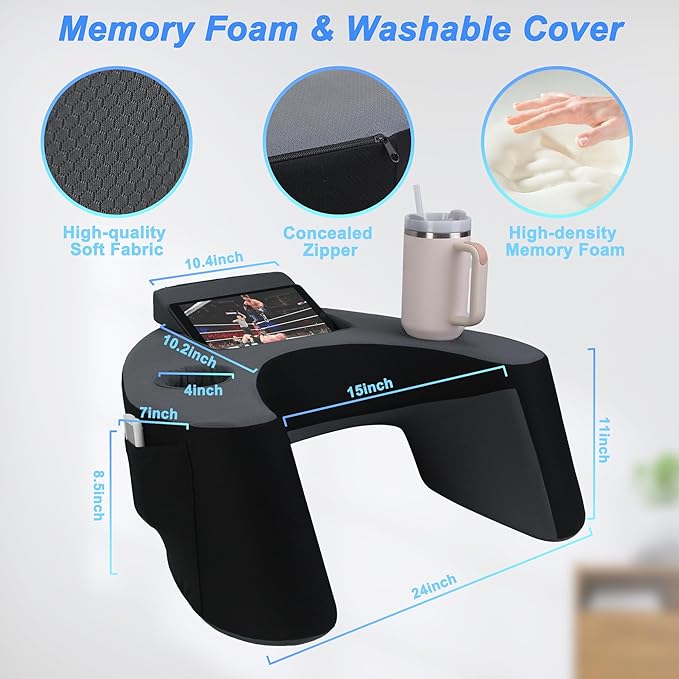 Reading Pillow for Lap, Memory Foam Gaming Pillow, Arm Rest Pillow with 2 Side Pockets&Cup Holders, Large Arm Rest Pillow for Gaming, Reading, Working Sitting in Bed Floor Sofa