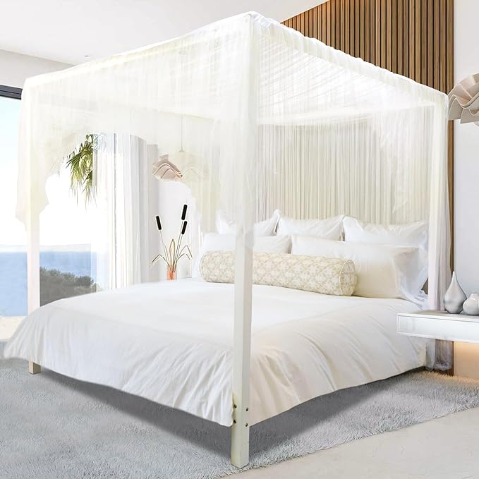 South to East Beige Canopy Bed Curtains, 4 Corner Post Bed Canopy, Top Elegant Bed Drapes for Bedroom Decor, 75D Polyester Mesh, Easy Install, Bed Curtain for King/Queen/Full Size