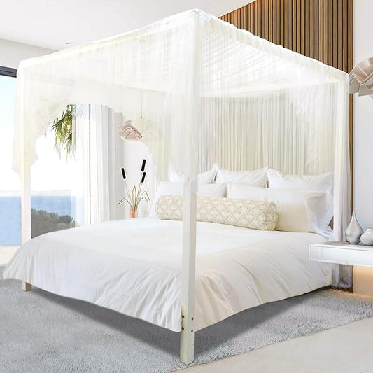 South to East Beige Canopy Bed Curtains, 4 Corner Post Bed Canopy, Top Elegant Bed Drapes for Bedroom Decor, 75D Polyester Mesh, Easy Install, Bed Curtain for King/Queen/Full Size