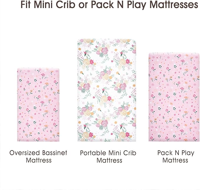 PHF Soft Mini Crib Sheet Set, 2 Pack Silky Comfy Pack N Play Sheets for Boys Girls, Universal Fit for Pack N Play, Playard and Mini Crib Mattresses, Rose Floral