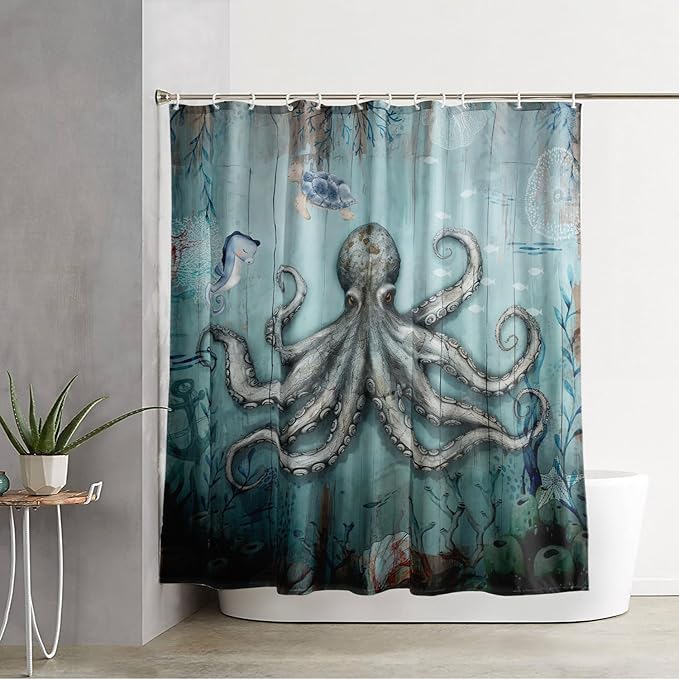 AILONEN 3D Ocean Octopus Shower Curtain Set for Bathroom,Sea Turtle Seahorse Animal Bath Curtain,Ocean Theme Waterproof Fabric Shower Curtain with Hooks,48" W*72" H