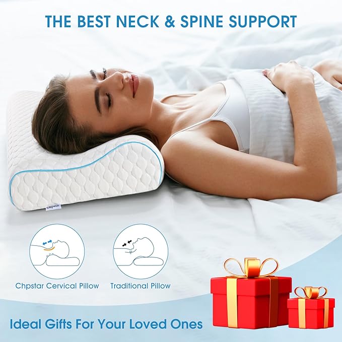 Memory Foam Pillow, Neck Bed Contour Pillow for Sleeping, Ergonomic Orthopedic Cervical Pillow for Side Back Stomach Sleeper, Queen,Firm,White