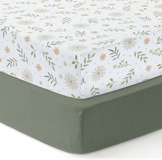 Mini Crib Fitted Sheet, 100% Cotton Knitted Jersey, Pack n Play Sheet, Breathable, Fitted Crib Sheets, Super Soft, Toddler Fitted Sheet,2 Pack,Green/Flowers, 38x24x6
