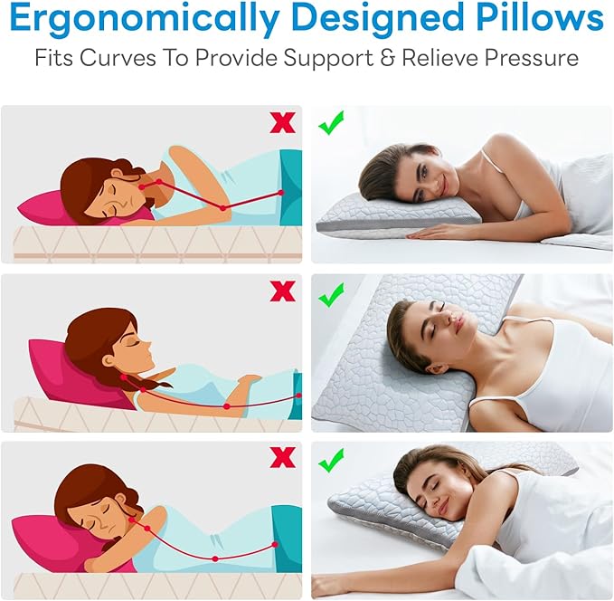Adjustable Shredded Memory Foam Pillows, Cooling Pillows Standard Size Set of 2, Support Yet Soft Pillow Side Back Stomach Sleepers with Washable Removable Ice Silk Cover