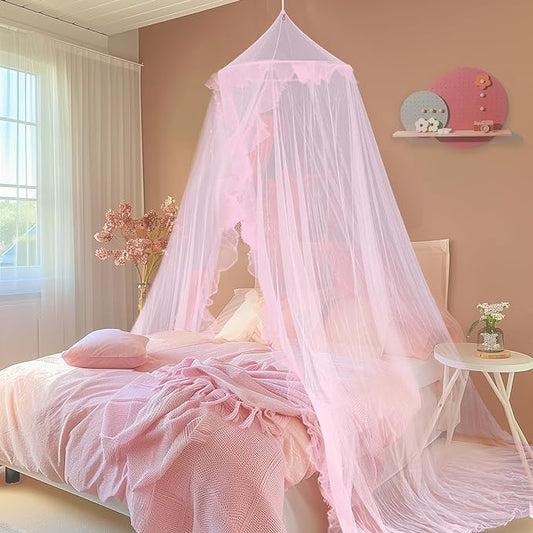 Daksha Princess Bed Canopy for Girls Room, Top and Door Trim with Lace Design, Pink Bed Canopy with Ruffles Fits Single, Twin, Full, and Queen Beds, Bedroom Decoration
